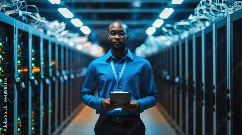 Male engineer checking about problems with a computer at server room scene.