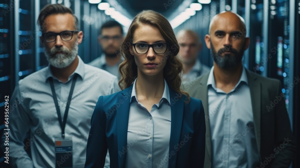 Group of IT specialist standing in a server room or data center.