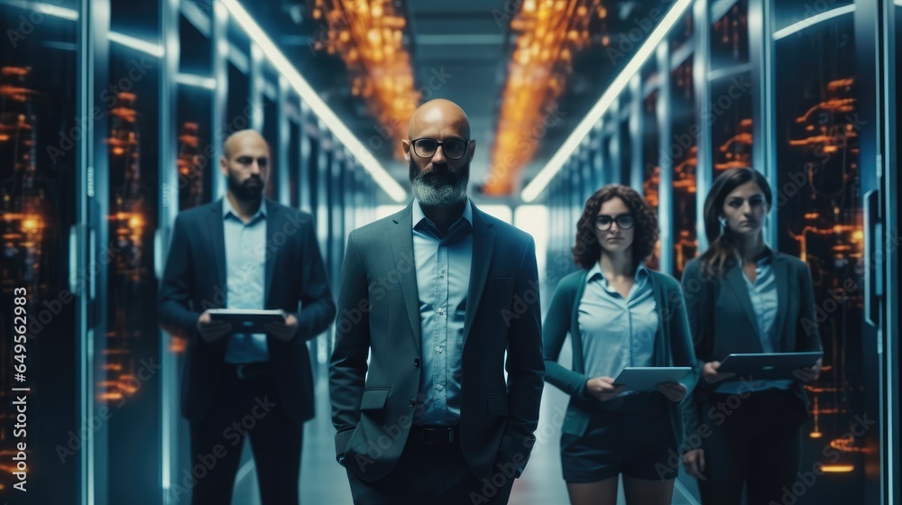 Confident team standing in a server room or data center with servers in the background.