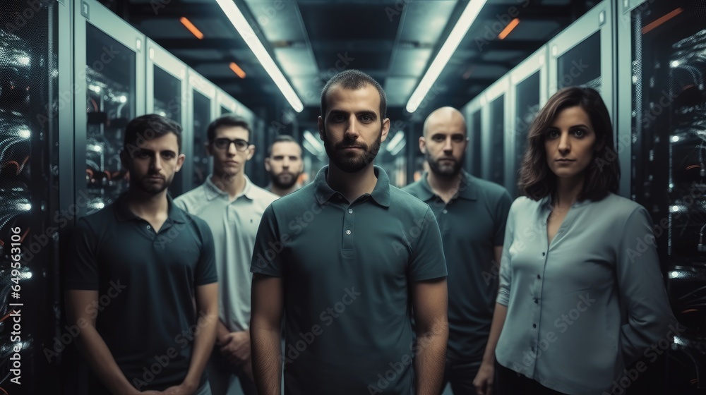 Group of IT engineers working in the data center with lots of decommissioned servers.