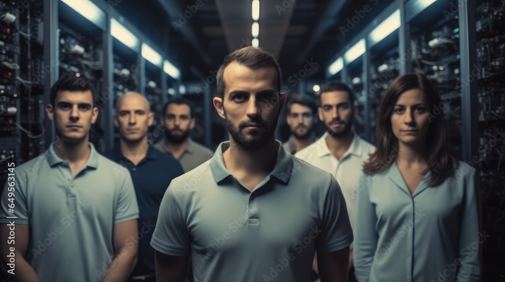 Group of IT engineers working in the data center with lots of decommissioned servers.