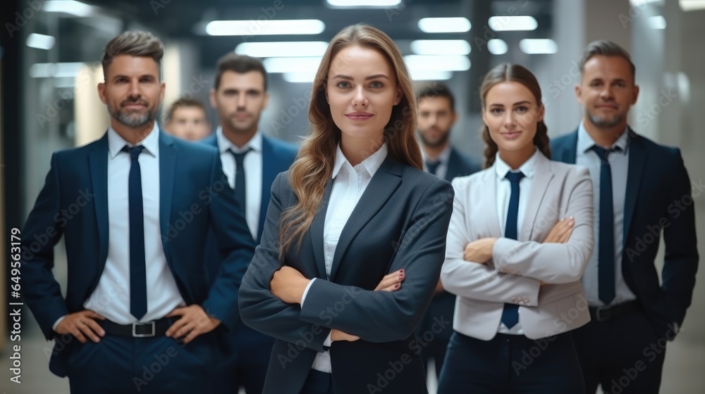 Portrait of happy businessmen and satisfied businesswomen standing as a team