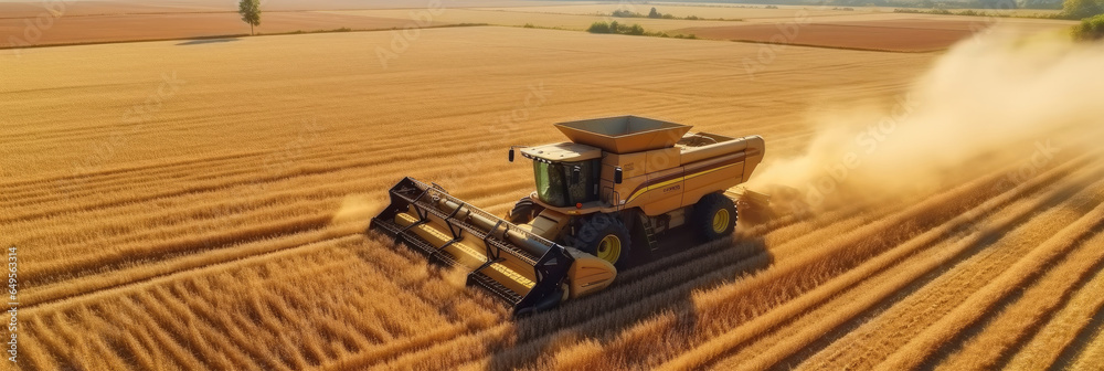 Harvesting machine in golden wheat field, Agriculture concept.