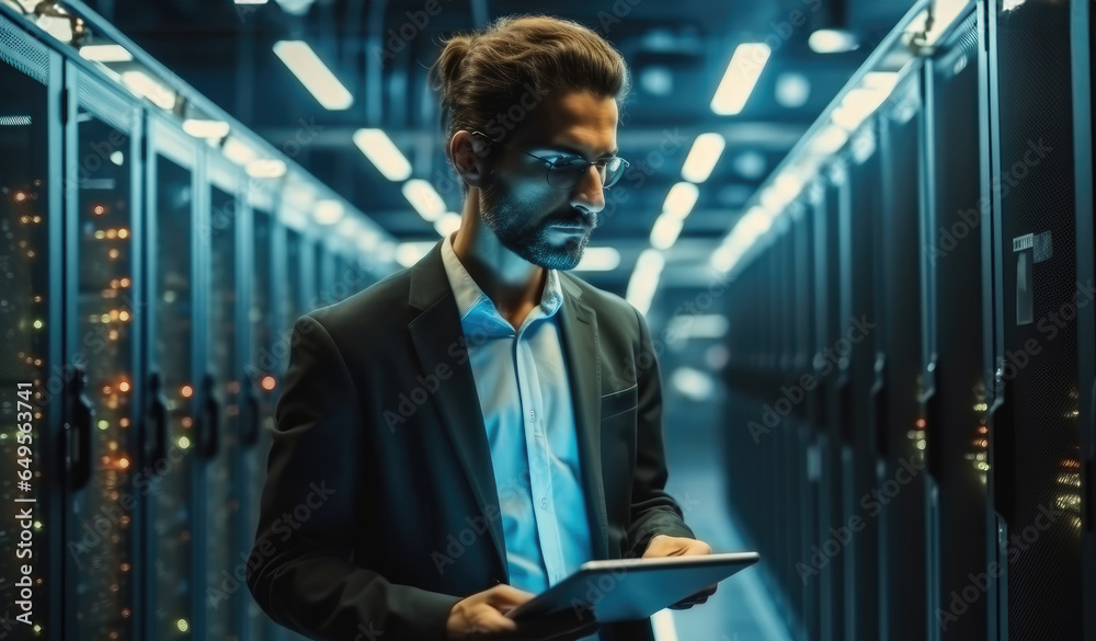 Male engineer checking about problems with a computer at server room scene.