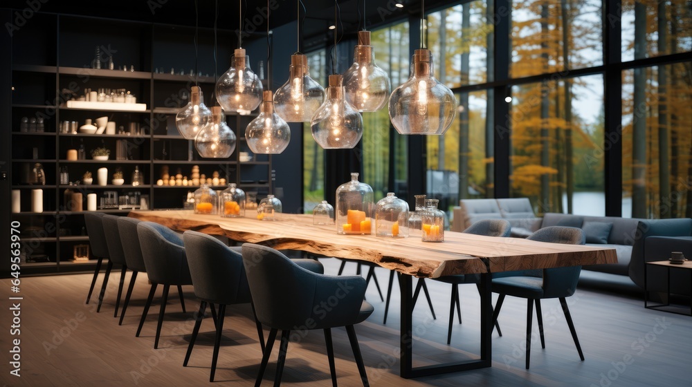 Lighting showroom in dining room at home, Lighting design.