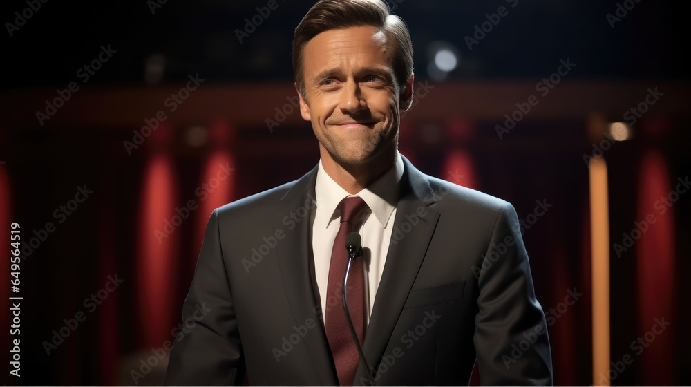 Businessman wearing a debate team members formal attire against a stage with a podium.