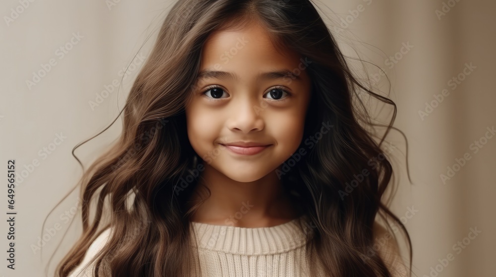 Portrait of a cheerful young girl smiling warmly against a beige background.