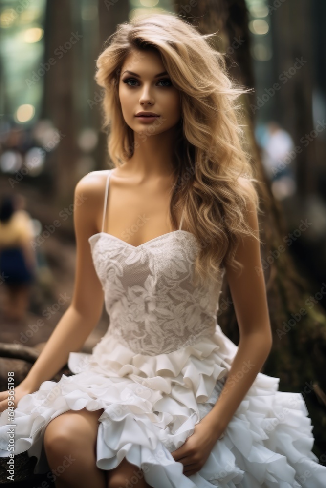 Portrait of a cute young woman wearing a strapless white wedding dress.