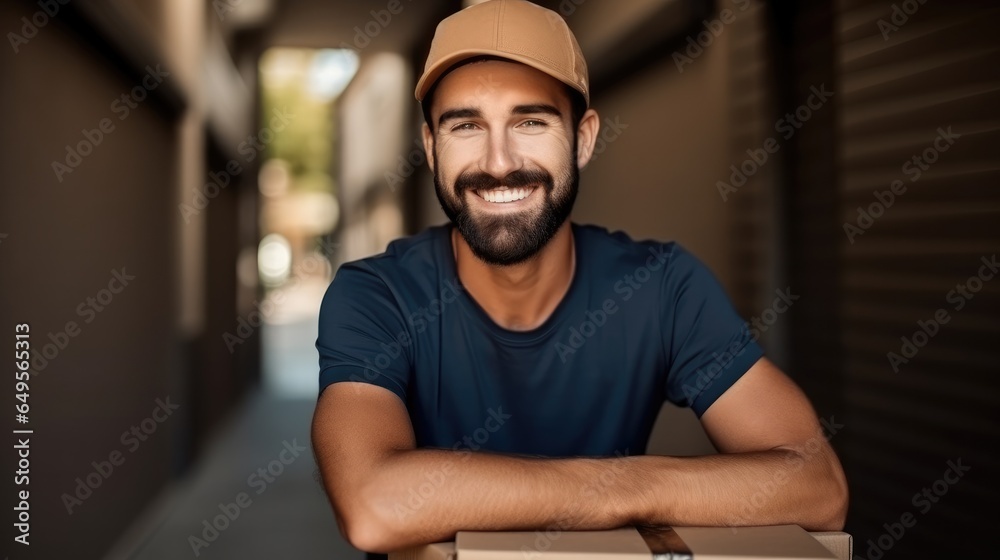 Smiling delivery person carrying box.