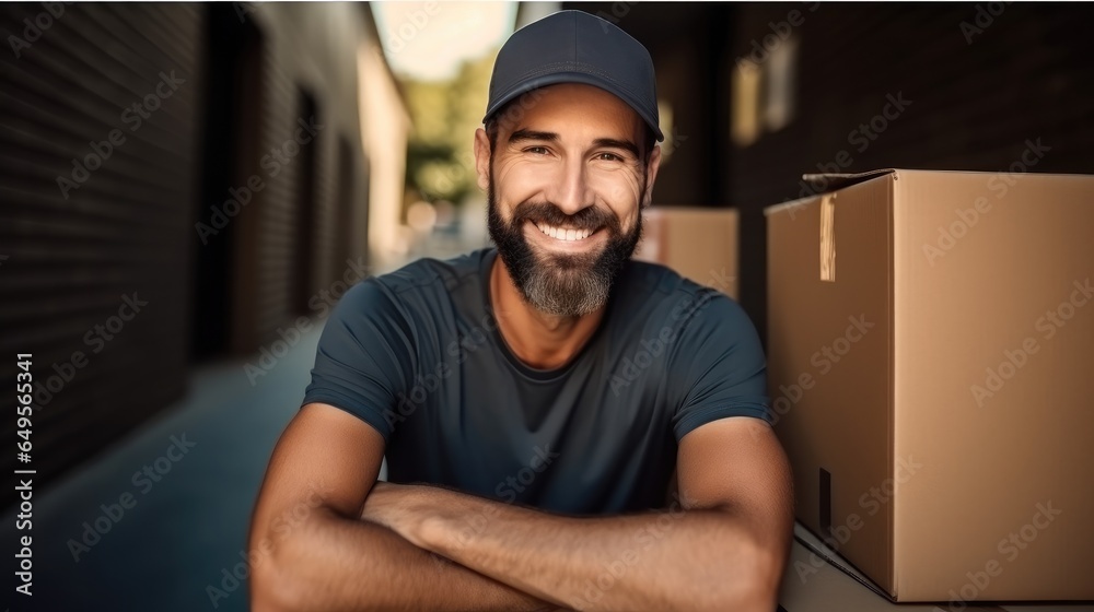 Portrait of young man carrying moving boxes, Great service is simply a part of the job.