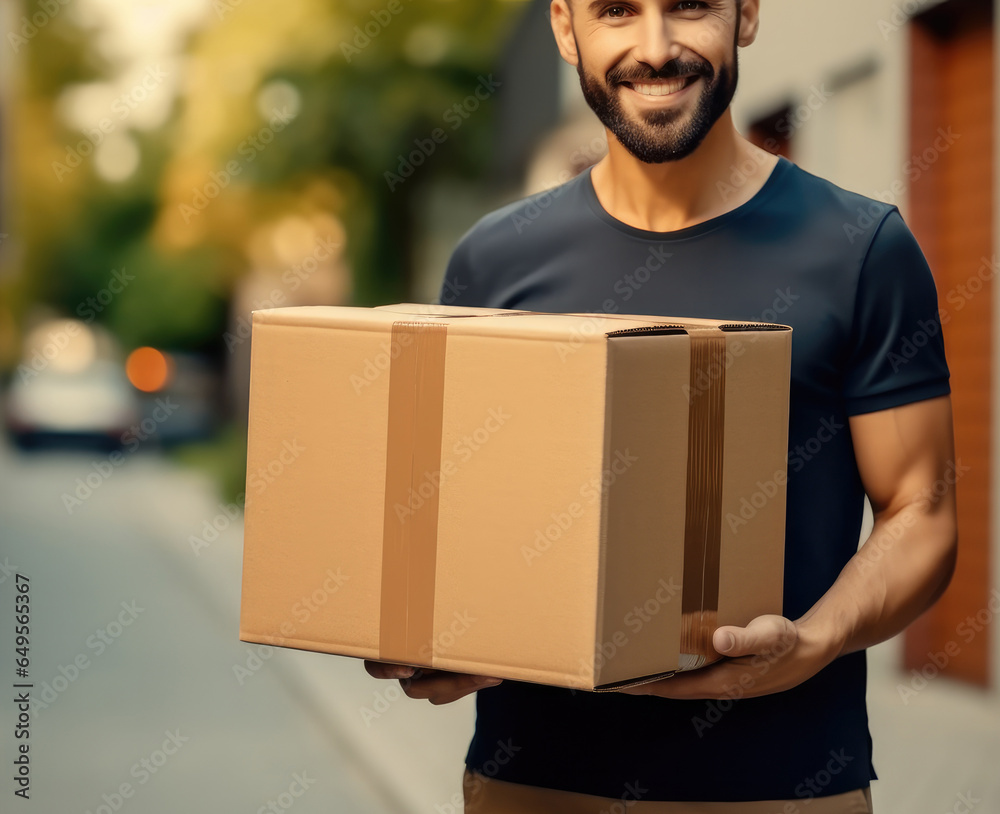 Courier holding cardboard box for delivery.