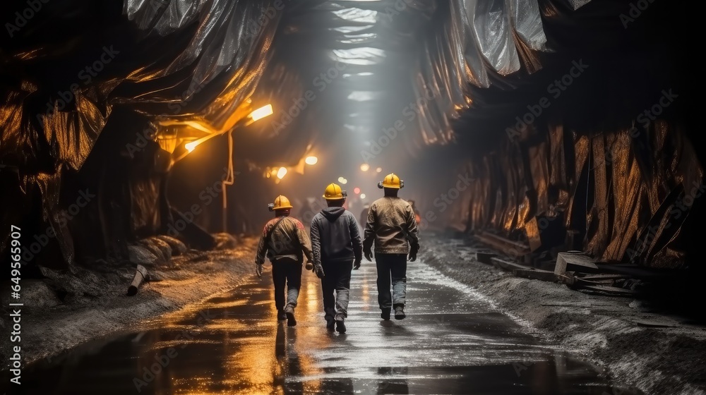 Worker under ground in a tunnel, Group of workers walking through a dark tunnel in a mining quarry.