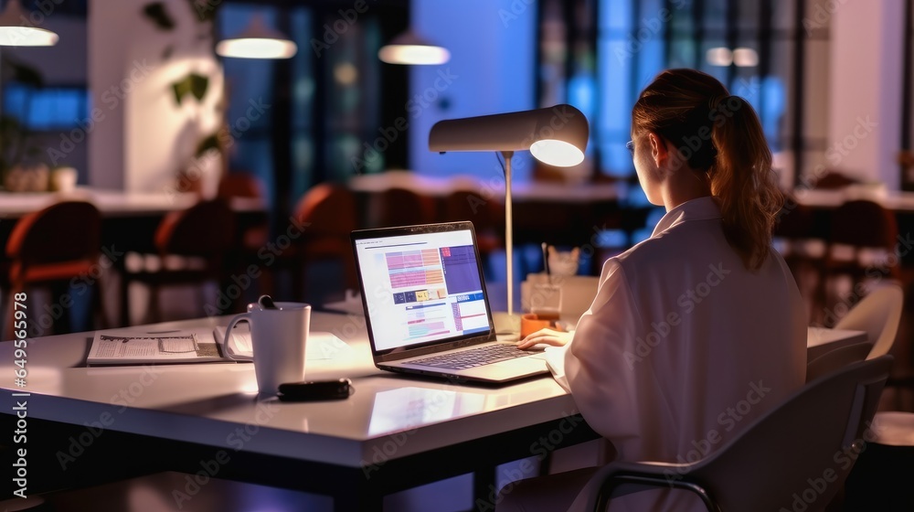 Businesswoman analyzing marketing graph report on laptop computer at office, Working overtime at project, Developing business ideas.