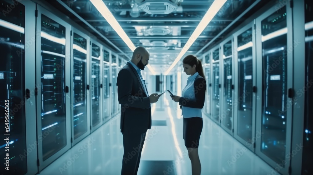 Male and female IT engineers checking servers in server room with help of tablet.