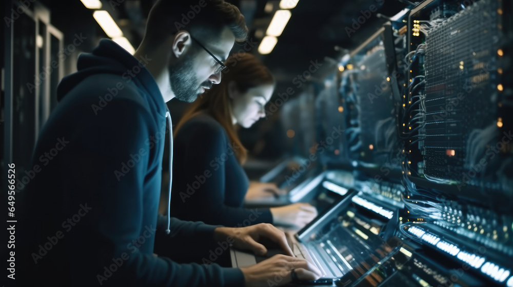 Computer engineers using laptops in the computer room, Remotely controlling the server.