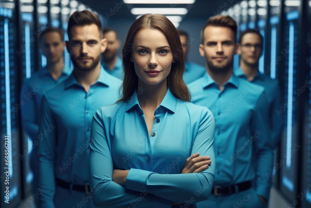 Confident team standing in a server room with servers in the background.