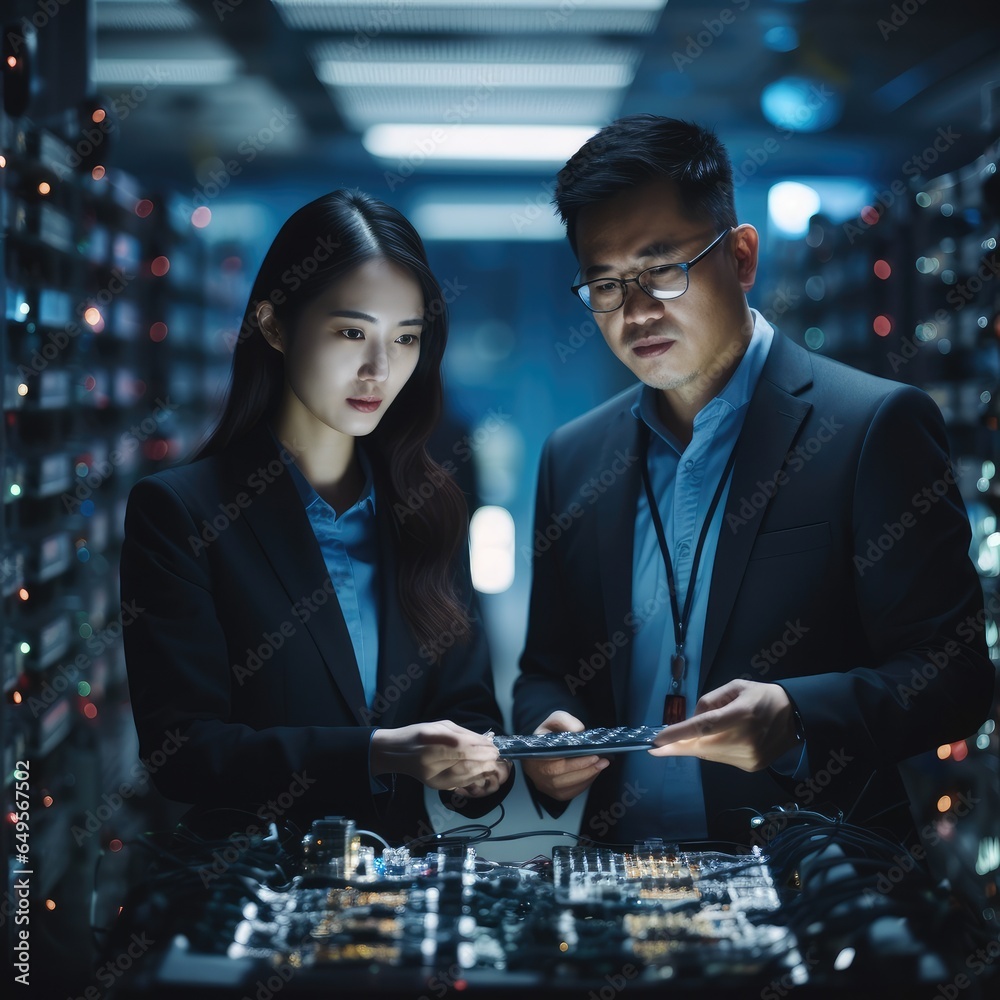 Two Asian IT engineers working in a modern data center room.