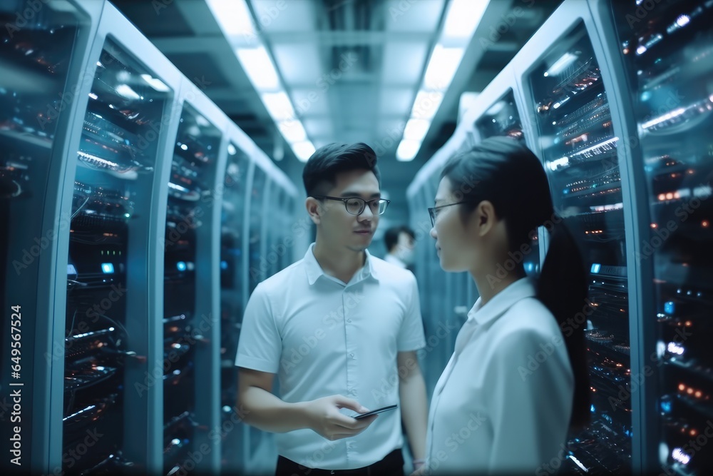 IT team of two people working in the data center, Surrounded by servers.