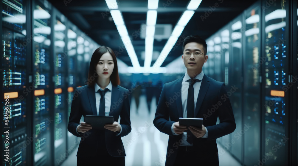 Two Asian IT engineers working in a modern data center room.