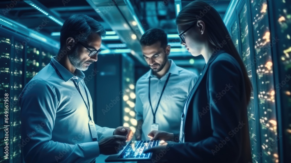 Male and female IT engineers checking servers in server room with help of tablet.