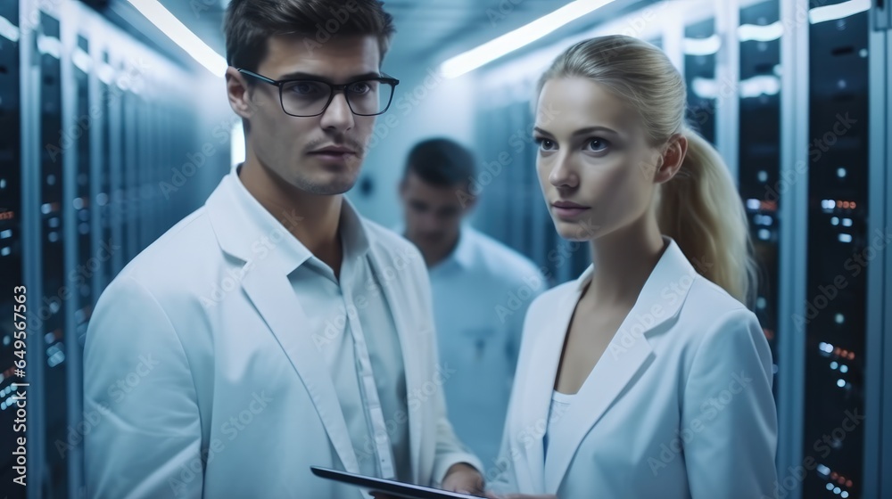 Two IT service provider wearing light colored overalls, Work and communicate in the data center room.