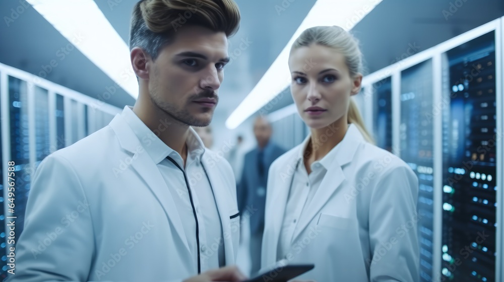 Two IT service provider wearing light colored overalls, Work and communicate in the data center room.