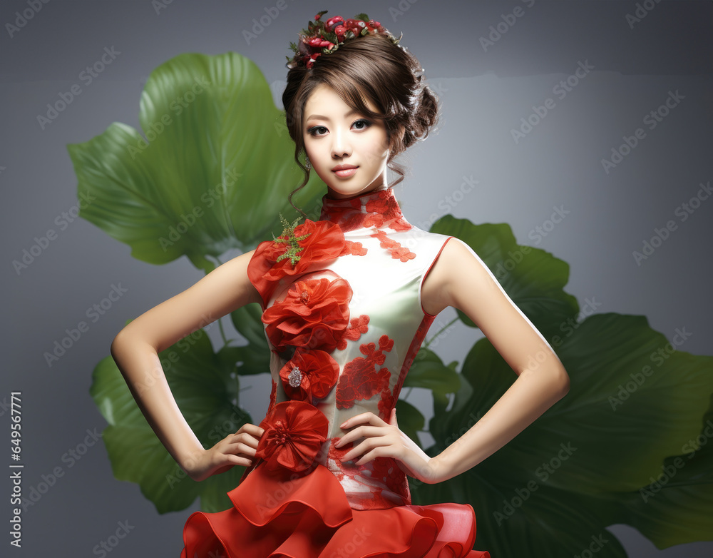 Beautiful Chinese woman in cheongsam with vegetable background.