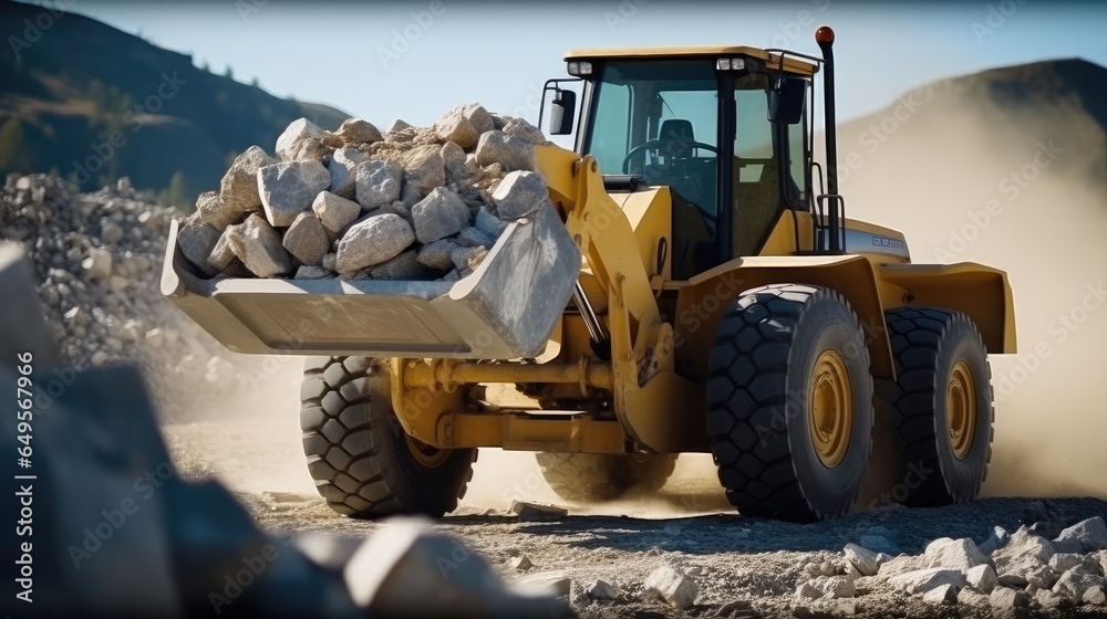 Excavation loader lifting heavy block of marble in quarry.