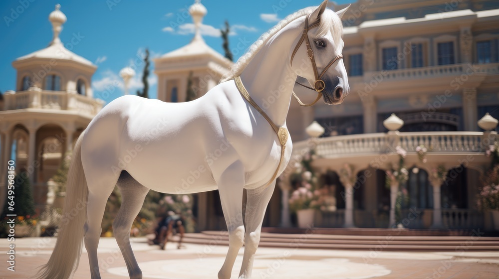 White horse with shiny fur standing outside a large mansion in sunny day.