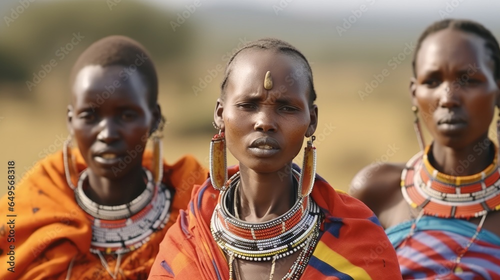 Women of the Maasai tribe singing in their village, Portrait of indigenous women tribe.