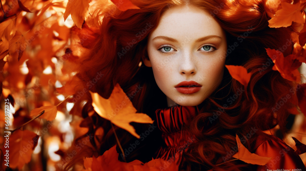 Beautiful model with autumn leaves