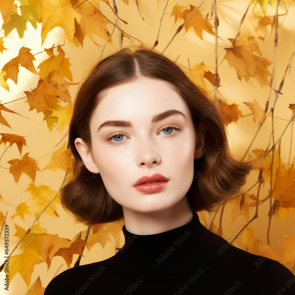 Beautiful model with autumn leaves