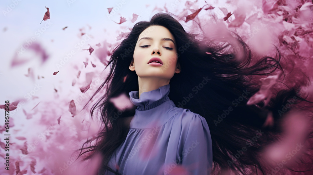 Beautiful long black hair woman with purple flowers