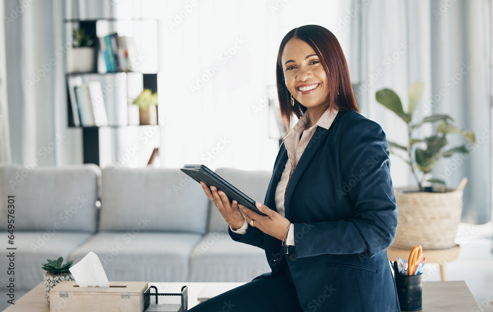 Smile, tablet and portrait of businesswoman in office with positive, good and confident attitude. Happy, creative career and young female designer from Colombia with technology in a modern workplace.