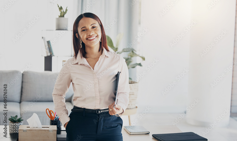 Happy, smile and portrait of businesswoman in the office with positive, good and confident attitude. Happiness, creative career and young female designer from Colombia standing in modern workplace.