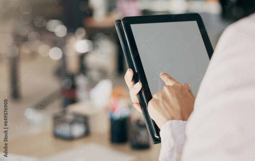 Screen, blank tablet and business woman hands for click, planning or scroll with mockup space in office. Entrepreneur, employee and digital touchscreen for data analysis, app or schedule in workplace