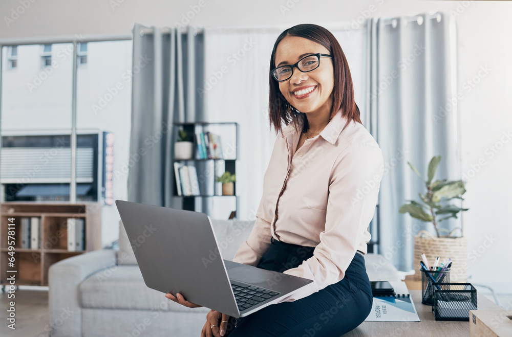 Portrait of woman in office with smile, laptop and reading email, HR schedule or online for feedback. Internet, networking and communication on website, happy employee at human resources agency.