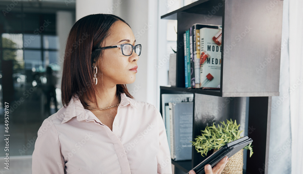 Woman in office with glasses, tablet and thinking of email, HR schedule and online report feedback. Internet, networking and communication on digital app, businesswoman at human resources agency