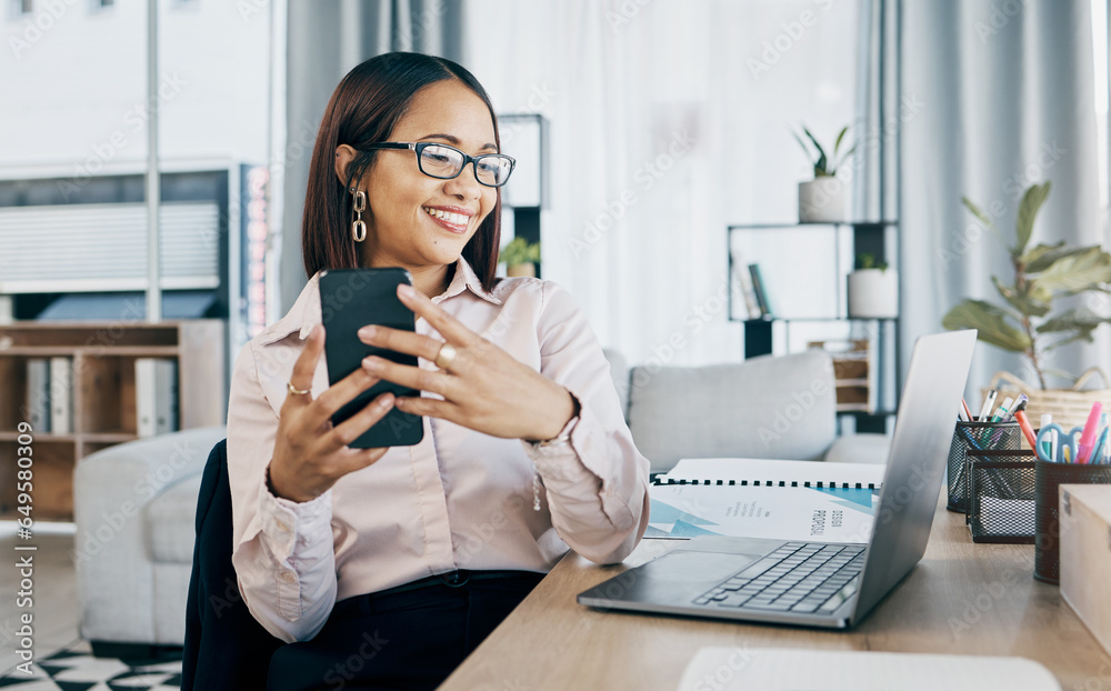 Smile, laptop and businesswoman with a phone in the office typing an email or networking on internet. Communication, technology and female designer doing creative research on cellphone and computer.