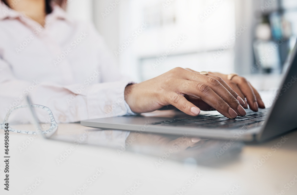 Laptop, hands and business woman typing application wireframe, webdesign or check search engine development. SEO research, report and closeup web designer working on company website design process