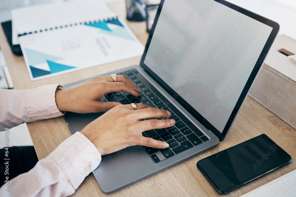 Laptop screen, hands and corporate person typing advertising report, research or check administration project. Mockup internet space, technology closeup and closeup secretary working on admin work