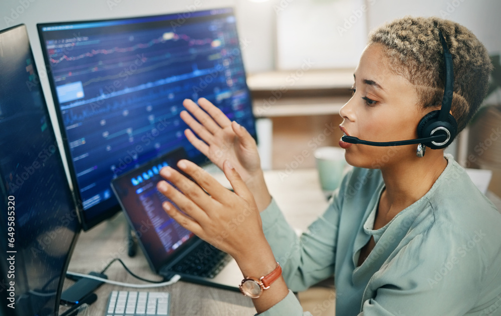 Business woman, call center and broker consulting in customer service, stock market or trading at office. Consultant, trader or agent with headphones for financial advice, online or help at workplace