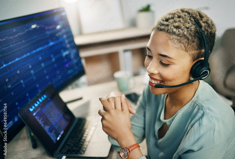 Woman, call center and stock market consulting with business and trading or investment agent on computer screen. Consultant, business trader or african person talking advice, networking and sales