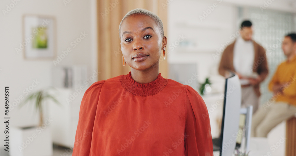 Corporate job, portrait and a black woman in the office for business or project management. Work, career and an African employee or female worker in the workplace for professional confidence