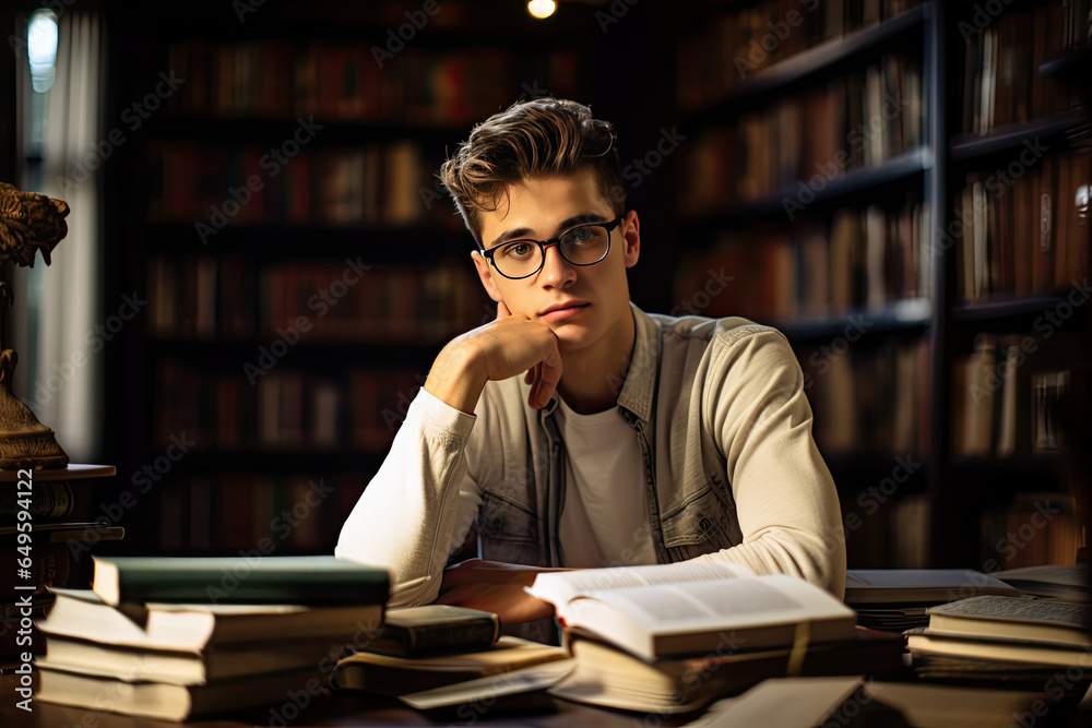 Serious, intelligent young male student studying in a university library surrounded by academic books.