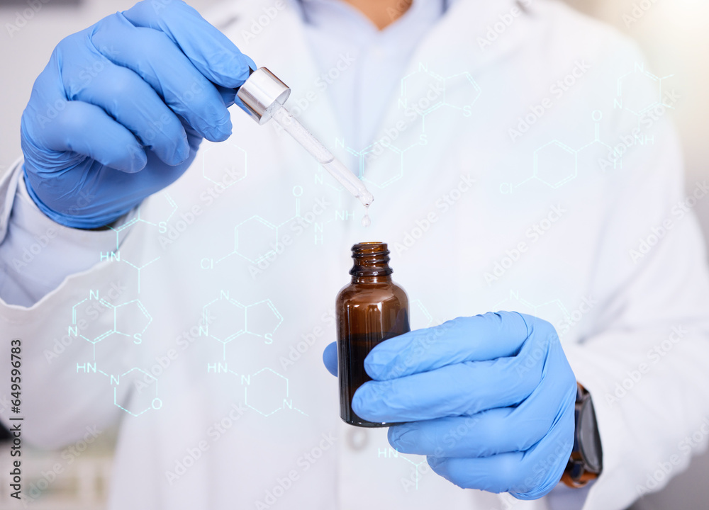 Essential oil, hands or scientist in lab overlay to research organic formula for science development. Serum closeup, medical study or chemical expert working on a skincare, future or beauty product