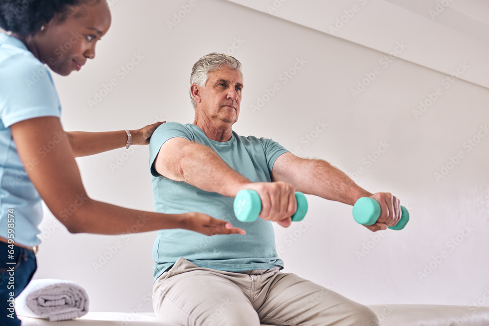 Physiotherapy, exercise and old man with dumbbell for wellness and muscle training on bed with woman in room. Healthcare, physiotherapist and senior with workout for healing help, support and fitness