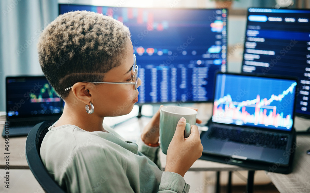 Computer screen, office and business woman thinking of stock market trading, investment and monitor economy analytics. Fintech, financial admin data and profile of trader problem solving IPO solution