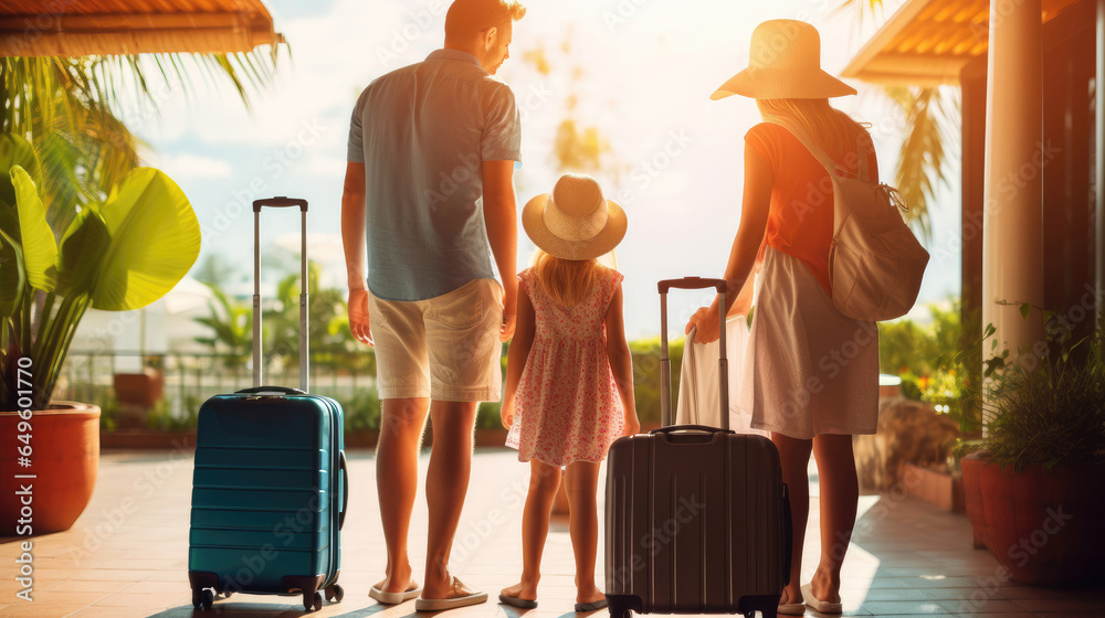 Family with daughter checking in at hotel resort for summer vacation