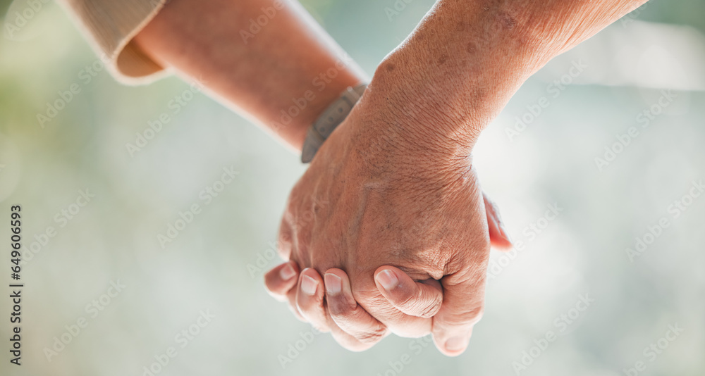 Holding hands, support and senior couple with love, care and trust together with hope for health in a home. Romance, bonding and elderly people with kindness and solidarity on retirement date